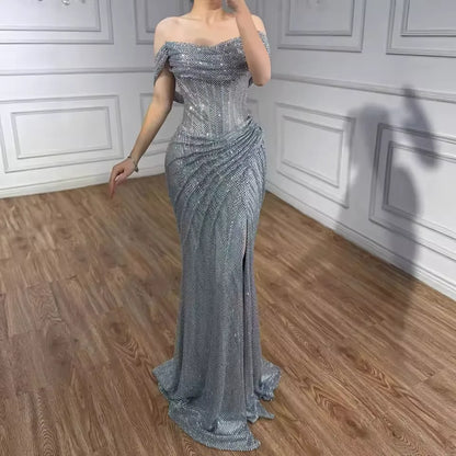 Glamorous Off-the-Shoulder Ruched Beaded Mermaid Maxi Dress with High Slit