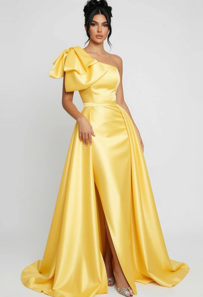Glamorous One-Shoulder Bow Satin High Slit A-Line Maxi Dress
