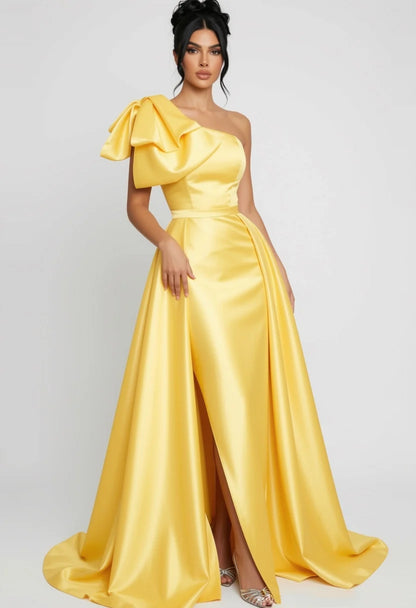 Glamorous One-Shoulder Bow Satin High Slit A-Line Maxi Dress