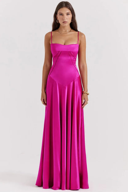 Glamorous Spaghetti Strap Corset Lace-Up Back Satin A-Line Maxi Dress