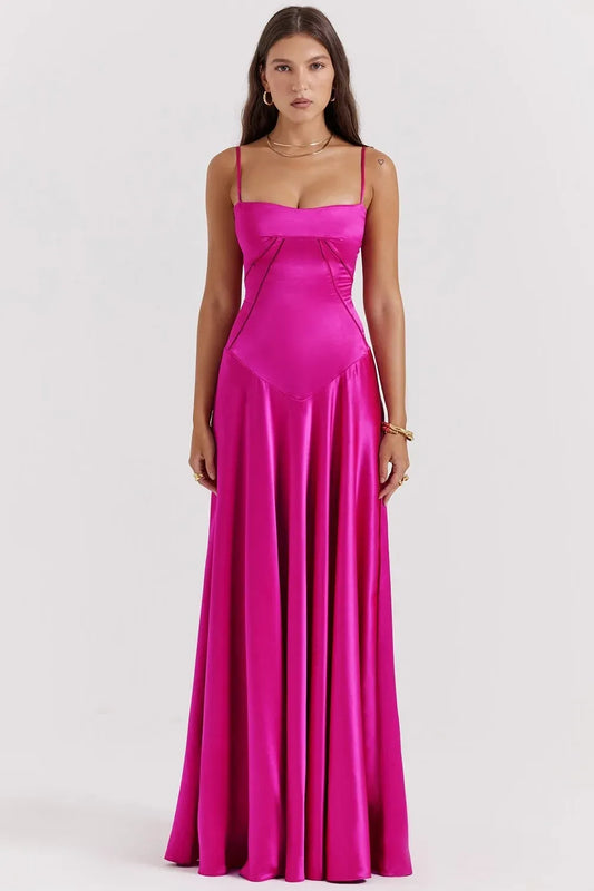 Glamorous Spaghetti Strap Corset Lace-Up Back Satin A-Line Maxi Dress