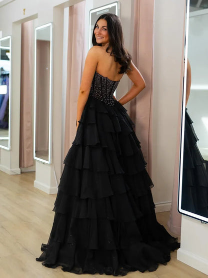 Glamorous Strapless Beaded Corset Ruffle Tiered Maxi Dress