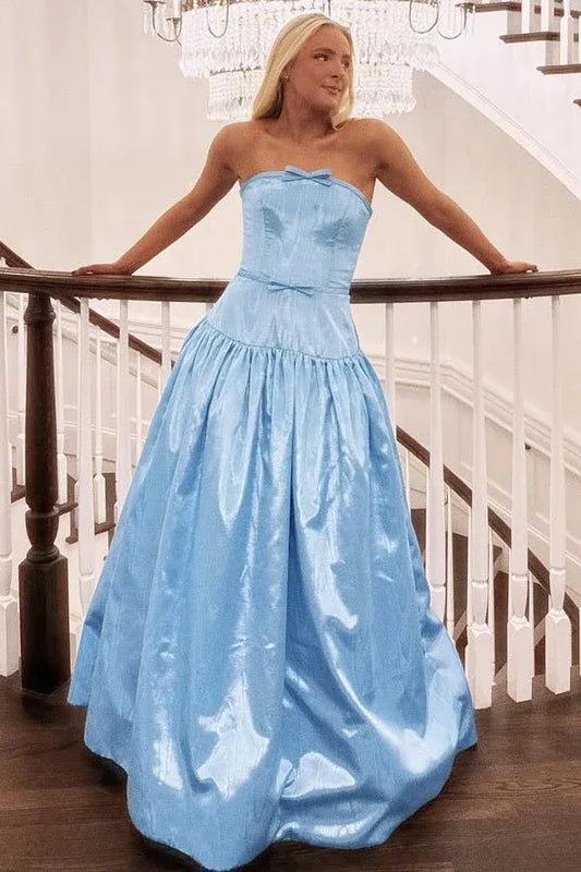Glamorous Strapless Bow Detail Corset Waist Satin Ball Gown Prom Dress