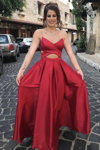 Glamorous Strapless Cutout Satin A-Line Maxi Prom Dress