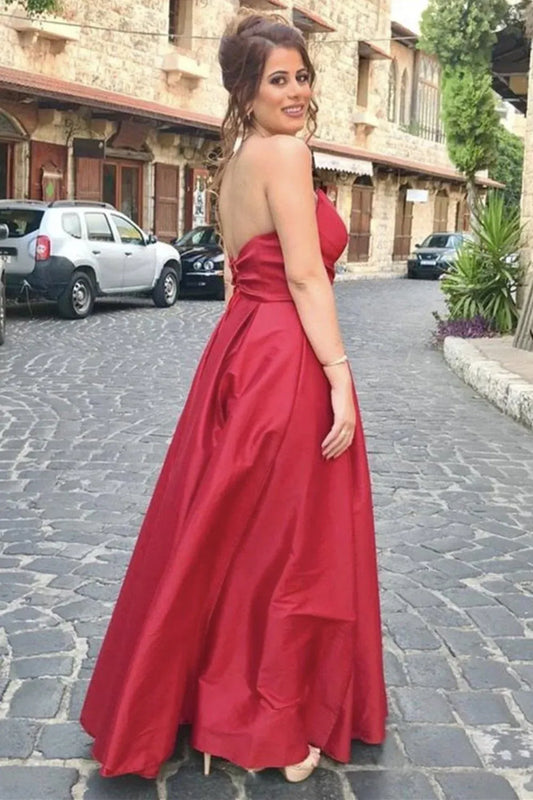 Glamorous Strapless Cutout Satin A-Line Maxi Prom Dress