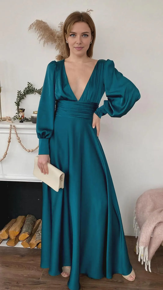Glamorous A-Line Deep V Neck Long Sleeve Pleated Satin Floor-Length Prom Dress