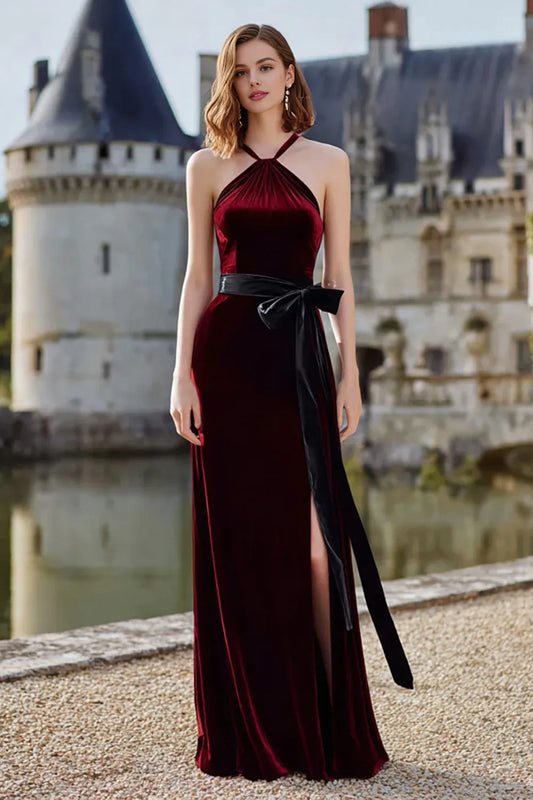 Glamorous A-Line Halter Neck Sleeveless Velvet Floor-Length Prom Dress