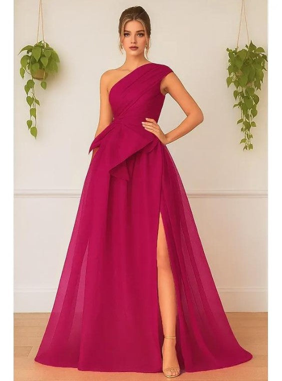 Glamorous A-Line One Shoulder Sleeveless Slit Floor Length Prom Dress