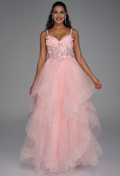Glamorous A-line V Neck Sleeveless Backless Tulle Floor Length Prom Dress