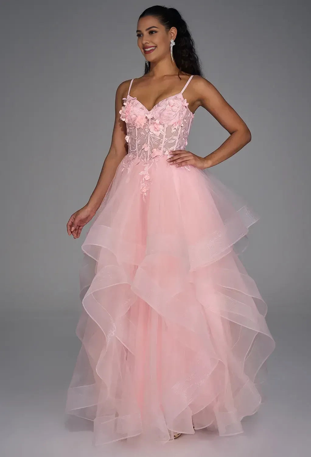 Glamorous A-line V Neck Sleeveless Backless Tulle Floor Length Prom Dress