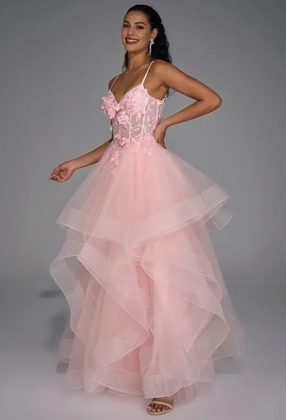 Glamorous A-line V Neck Sleeveless Backless Tulle Floor Length Prom Dress