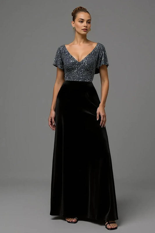 Glamorous A Line V Neck Flutter Sleeve Sequins Floor-Length Prom Dress