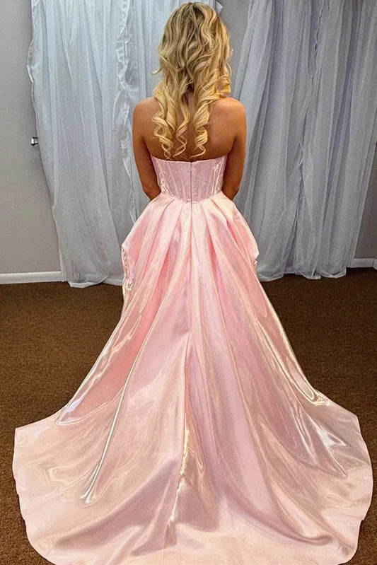 Glamorous Ball Gown Strapless Corset High Low Satin Prom Gown