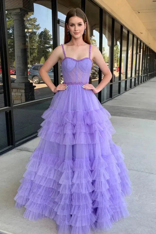 Glamorous Black Spaghetti Strap Tiered Ruffled Tulle Ball Gown