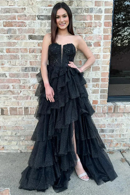 Glamorous Black Strapless Tiered Ruffled Glitter Gown With Lace Bodice