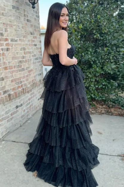 Glamorous Black Strapless Tiered Ruffled Glitter Gown With Lace Bodice