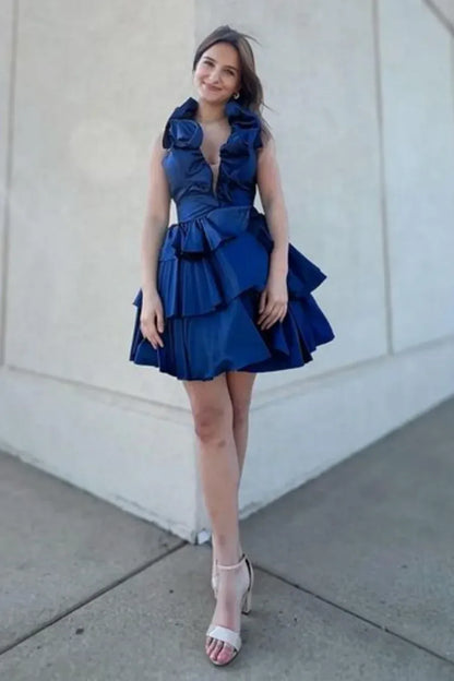 Glamorous Blue Halter Tiered Ruffled Satin Mini Dress