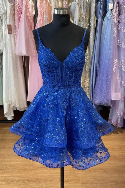Glamorous Blue Spaghetti Strap Tiered Ruffled Lace Mini Dress With Corset