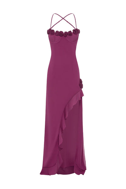 Glamorous Bodycon Spaghetti Straps Sleeveless Slit Flower Floor-Length Prom Dress