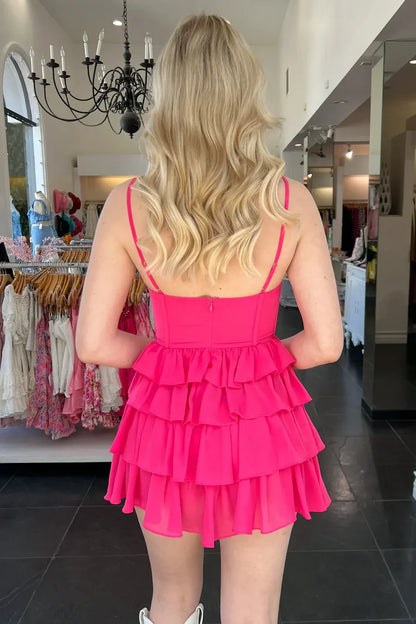 Glamorous Hot Pink Spaghetti Strap Tiered Ruffled Mini Homecoming Dress