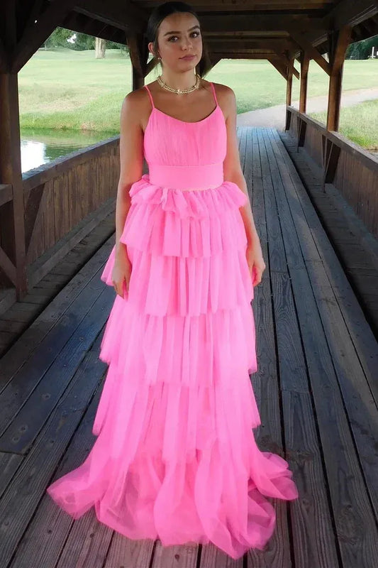 Glamorous Hot Pink Spaghetti Strap Tiered Ruffled Tulle Gown