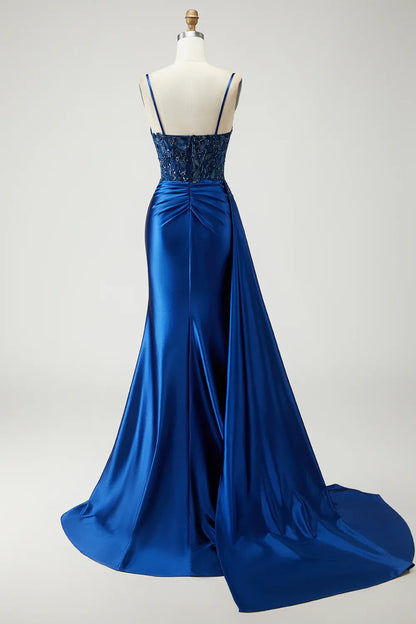 Glamorous Mermaid Corset Sleeveless Satin Appliqued Floor-Length Prom Dress