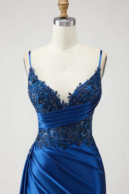 Glamorous Mermaid Corset Sleeveless Satin Appliqued Floor-Length Prom Dress