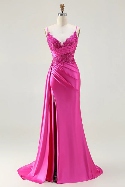 Glamorous Mermaid Corset Sleeveless Satin Appliqued Floor-Length Prom Dress