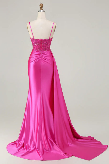 Glamorous Mermaid Corset Sleeveless Satin Appliqued Floor-Length Prom Dress