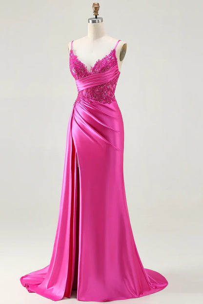Glamorous Mermaid Corset Sleeveless Satin Appliqued Floor-Length Prom Dress