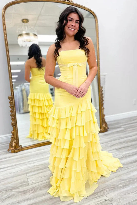 Glamorous Mermaid Empire Strapless Tiered Ruffle Chiffon Prom Gown