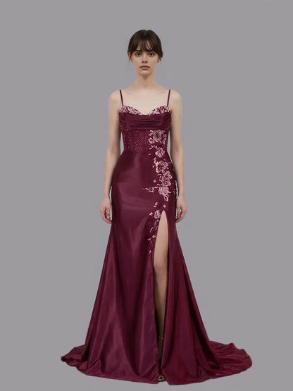 Glamorous Mermaid Spaghetti Strap Lace-up Embroidered Satin Prom Gown
