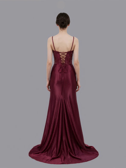 Glamorous Mermaid Spaghetti Strap Lace-up Embroidered Satin Prom Gown