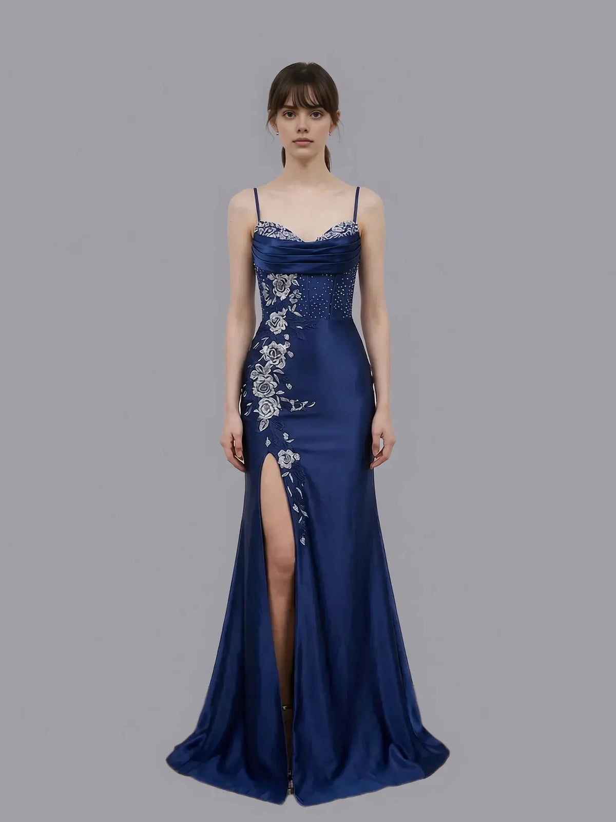 Glamorous Mermaid Spaghetti Strap Lace-up Embroidered Satin Prom Gown