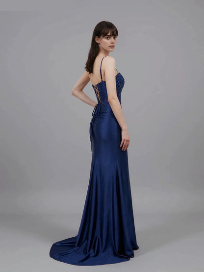 Glamorous Mermaid Spaghetti Strap Lace-up Embroidered Satin Prom Gown