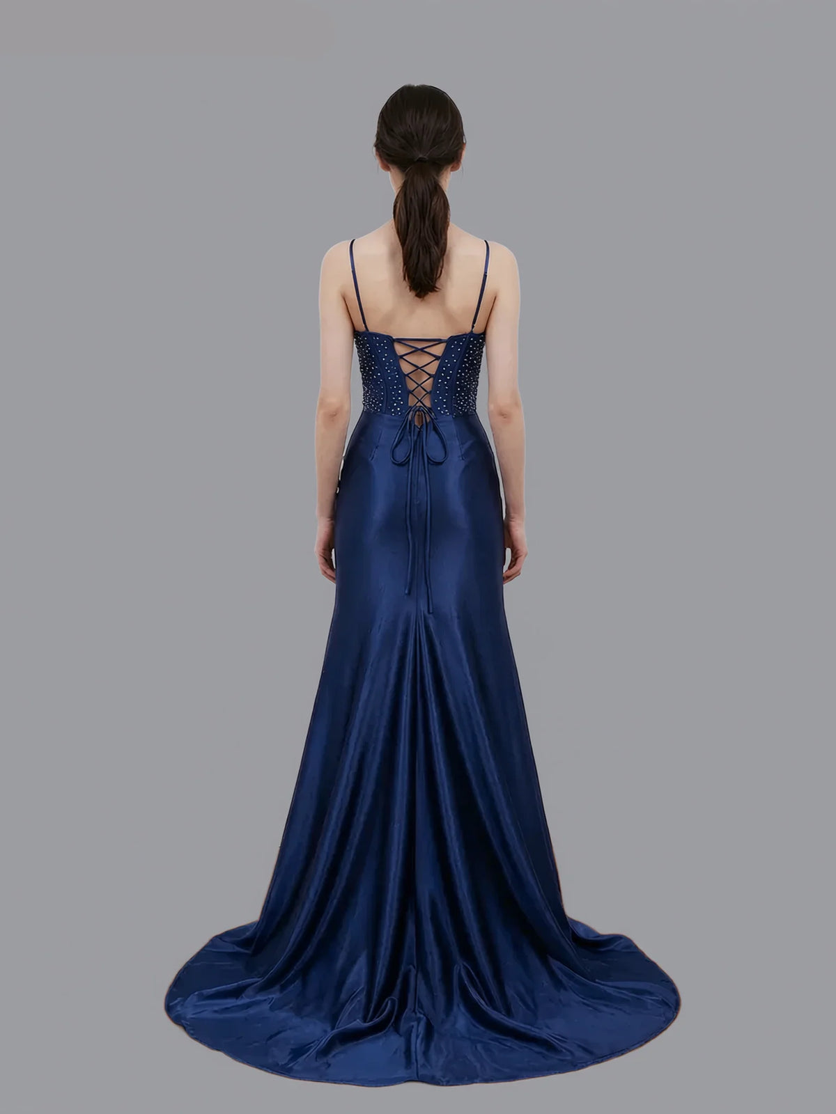 Glamorous Mermaid Spaghetti Strap Lace-up Embroidered Satin Prom Gown