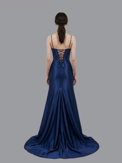 Glamorous Mermaid Spaghetti Strap Lace-up Embroidered Satin Prom Gown
