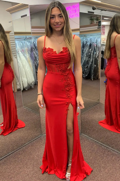 Glamorous Mermaid Spaghetti Strap Lace Applique Slit Prom Gown