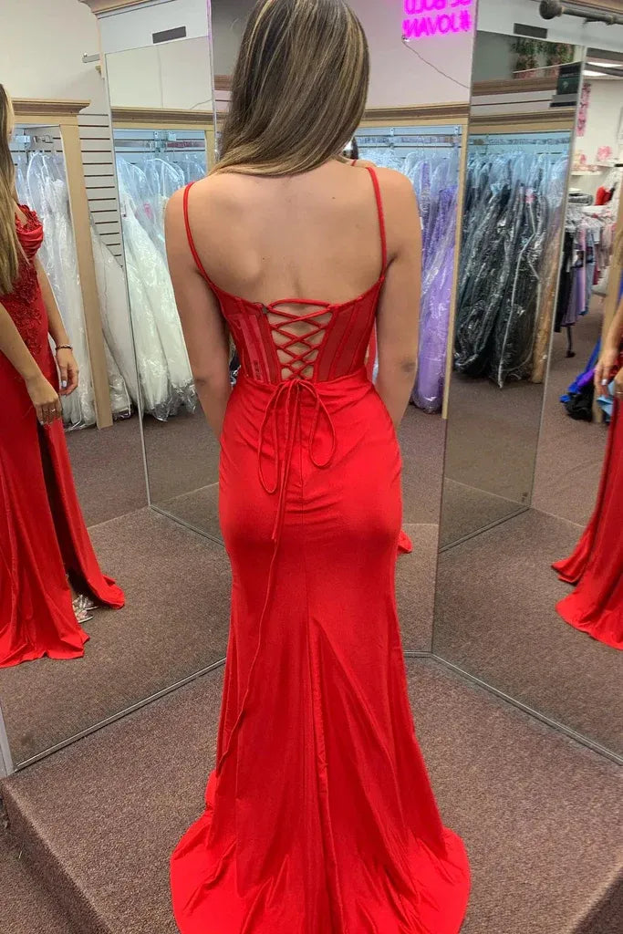 Glamorous Mermaid Spaghetti Strap Lace Applique Slit Prom Gown