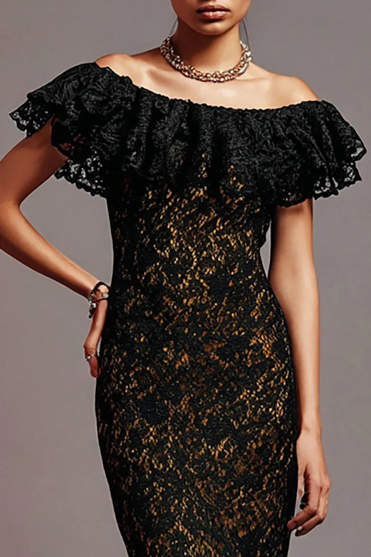 Glamorous Mermaid/Trumpet Off the Shoulder Ruffles Sleeve Lace Floor-Length Prom Dress