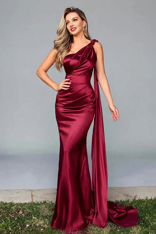 Glamorous Mermaid/Trumpet One Shoulder Sleeveless Satin Sweep/Brush Train Prom Dress