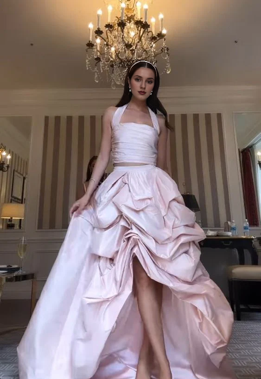 Glamorous Multi Layer Sleeveless Two Pieces Light Pink Satin Long Prom Dress