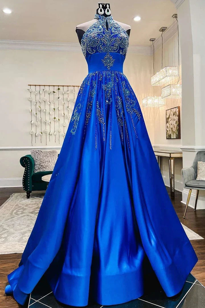 Glamorous Royal Blue Floor Length Satin Beaded Halter A-Line Prom Dress
