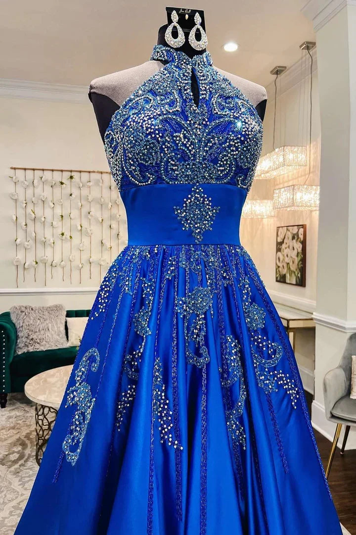 Glamorous Royal Blue Floor Length Satin Beaded Halter A-Line Prom Dress
