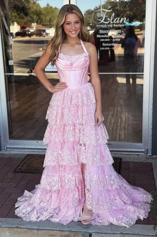 Glamorous Tiered Halter Sleeveless Lace Tulle Prom Dress With Slit