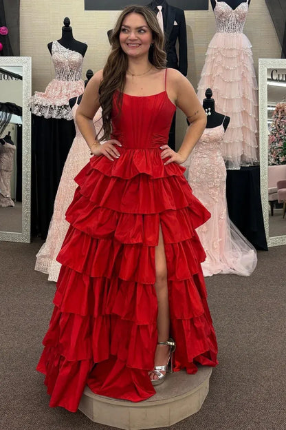 Glamorous Tiered Spaghetti Strap Sleeveless Satin Prom Dress With Slit