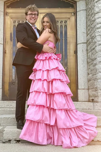 Glamorous Tiered Spaghetti Strap Sleeveless Satin Prom Dress With Slit