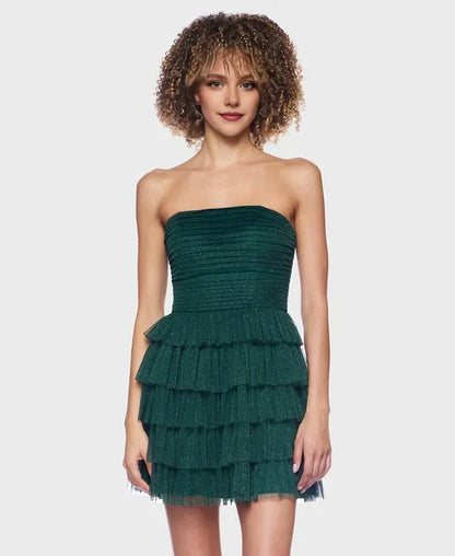 Glitter A-Line Strapless Sleeveless Tiered Tulle Short-Mini Homecoming Dress
