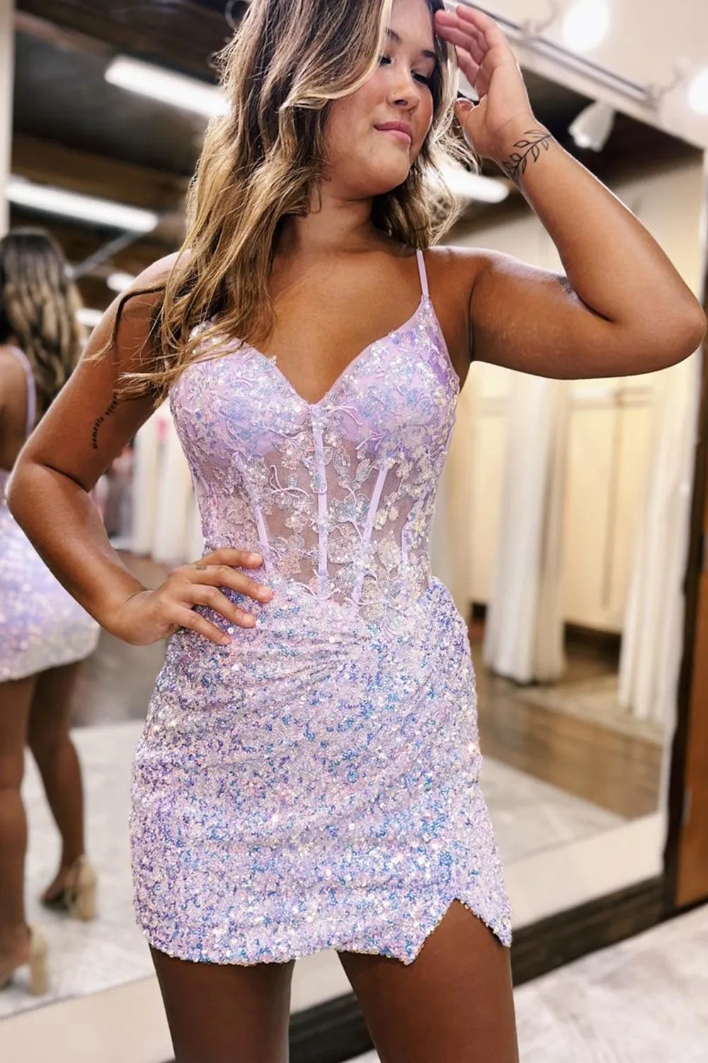 Glitter Sequin Bodycon Spaghetti Straps Homecoming Dress