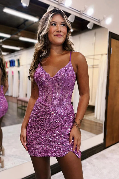 Glitter Sequin Bodycon Spaghetti Straps Homecoming Dress